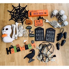 Large lot of Halloween Decor - 20 items Spiders Signs Skulls Lights Bones
