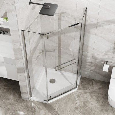 36''x36''x72''Neo-Angle Frameless Pivot Shower Door in Chrome W/White Base Combo