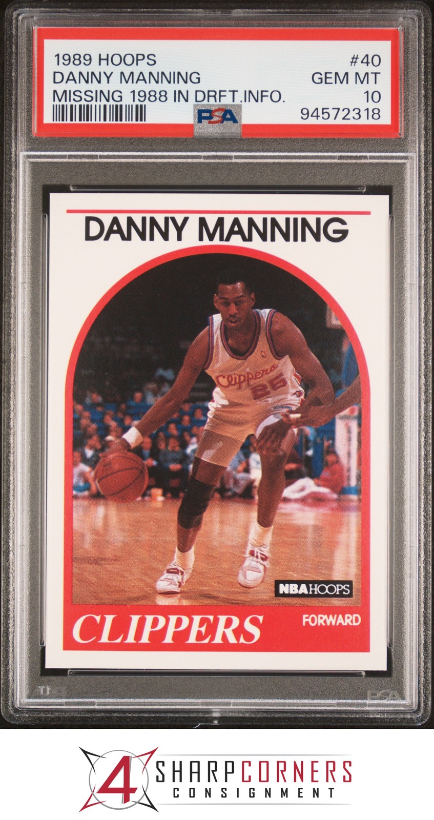 1989 HOOPS #40 DANNY MANNING RC MISSING 1988 IN DRAFT INFO PSA 10