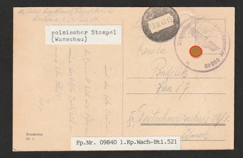 1940 Feldpost Karte "Frohe Ostern" 1. Kp.WachBtl.521 polnischer Stempel Warschau