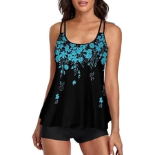 Urchics Womens Tankini Swimsuit Floral Print Two Piece Bathing Suit Black Blue L