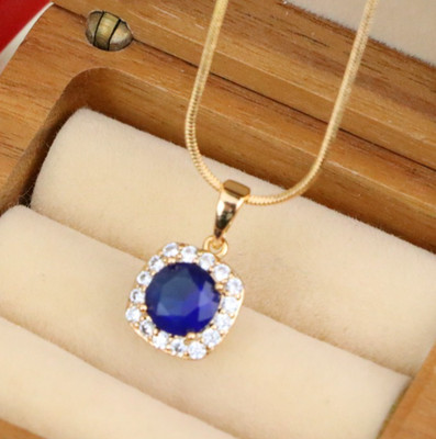 Blue Round Stone Pendant in Gold Plated Brass with Crystal Accents, XPPT1774
