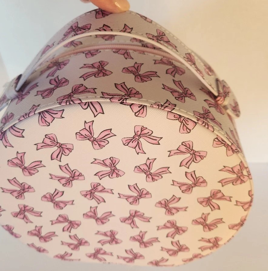 NWT! Blush Crush Round Travel Vanity Storage Case w/Mirror Pink Coquette Bows