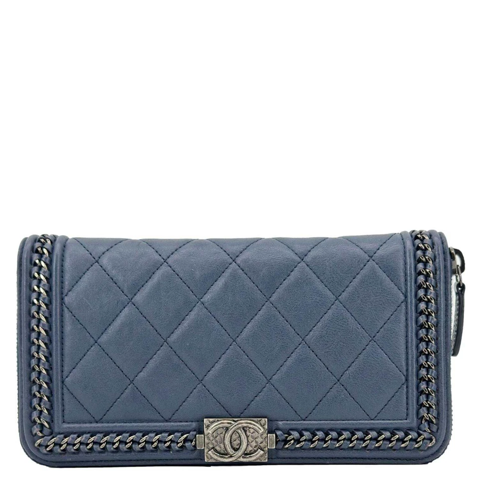 CHANEL Boy Quilted Calfskin Leather Zip Around Wallet Blue