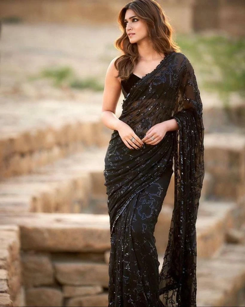 Black Sari Sequins Work Georgette Saree Indian Bollywood Style Dress  Wedding top | eBay