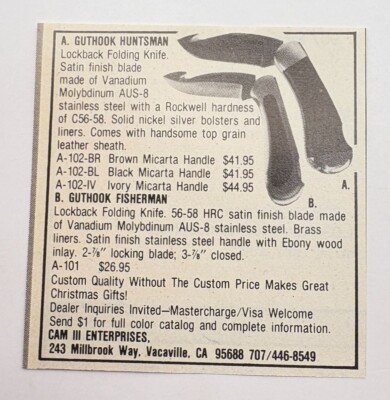 Cam III Enterprises Mini Vtg Print Ad 1980s Lockback Folding Knife Vacaville CA