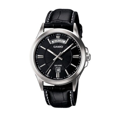 Casio MTP-1381L-1A | Classic Black Dial Leather Watch for Men | Refined Style, E
