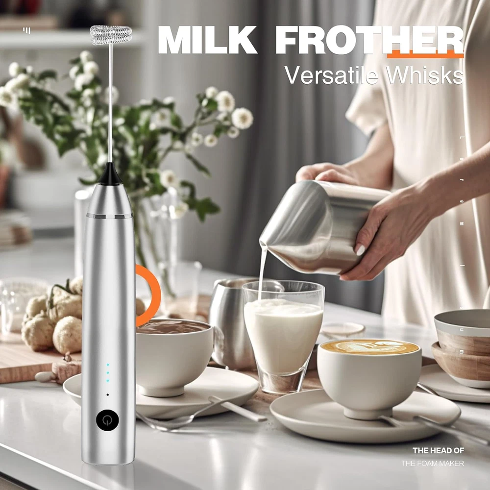 Milk Frother Rechargeable Handheld Electric Whisk Coffee Frother Mixer with 2 St