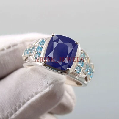 Bague Pour Homme En Argent Sterling 925 Avec Saphir Bleu Et Topaze #5186 - Photo 1/4