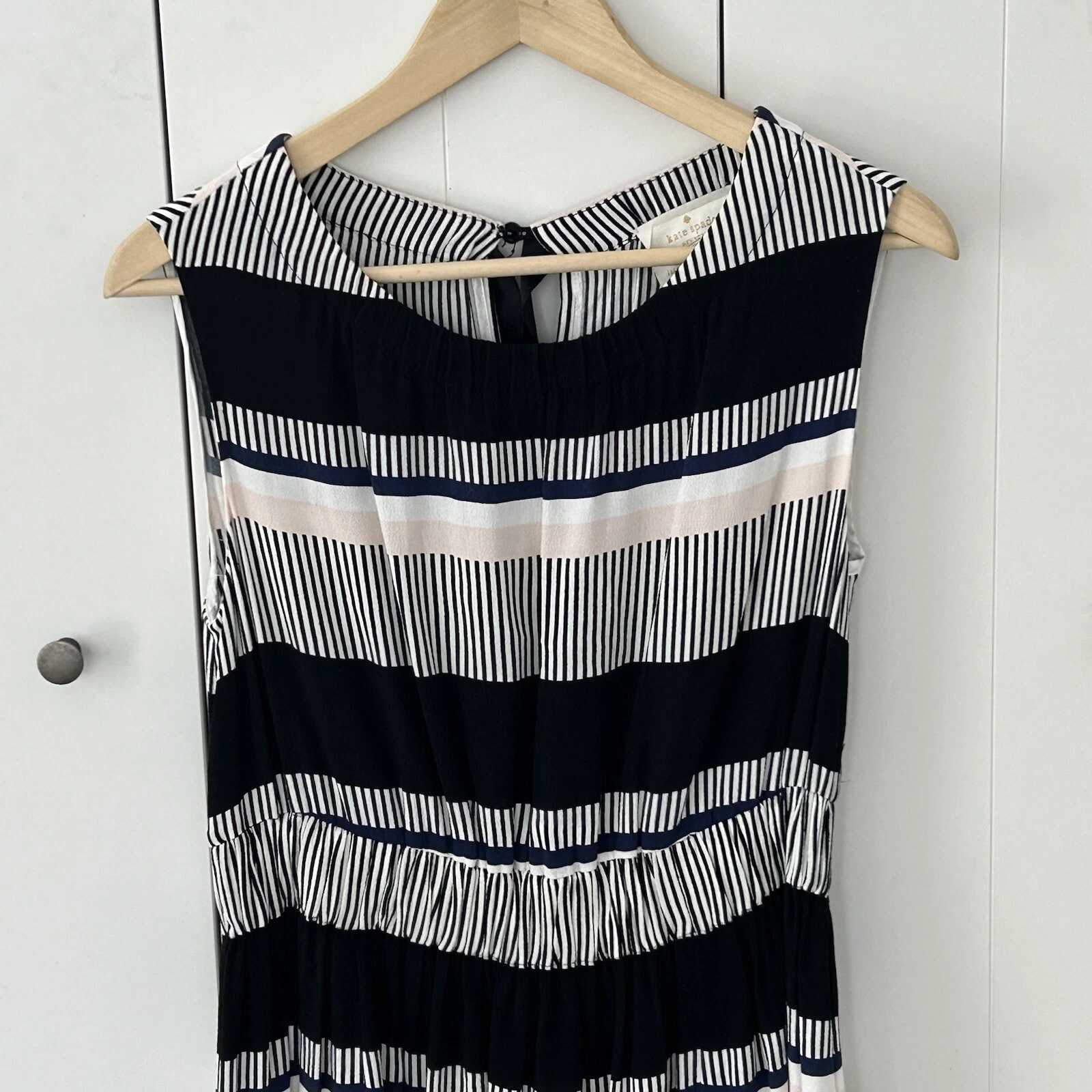 Abito Kate Spade Bay a righe cravatta fiocco schiena taglia 4 senza maniche nero festa *