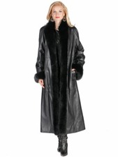  Long Leather Coat For Women Black Fox Fur Trim And Fox Cuffs Size 20