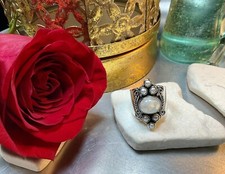 Genuine 925 Sterling Silver Moonstone  Cultured Pearl Gemstone Adjustable Ring