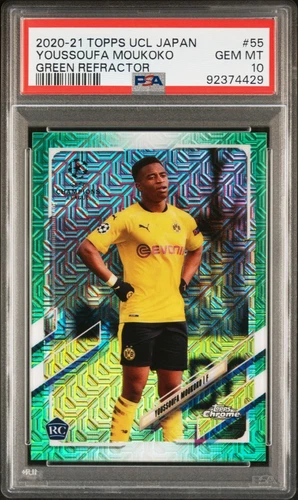 2020-21 Topps Chrome UEFA Japan Youssoufa Moukoko #55 Green Ref RC 84/99 PSA 10