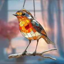 Large Robin Bird On Twig Suncatcher Stained Glass Effect Hanging Window Ornament