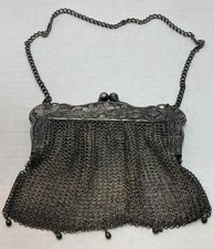 Antique Edwardian German Silver Mesh Purse Ornate Floral Frame Engraved Warncke