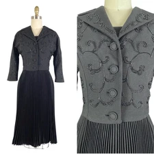 Vintage 1950s Black Accordion Pleated Dress  Beaded Jacket by Don Loper | Size M