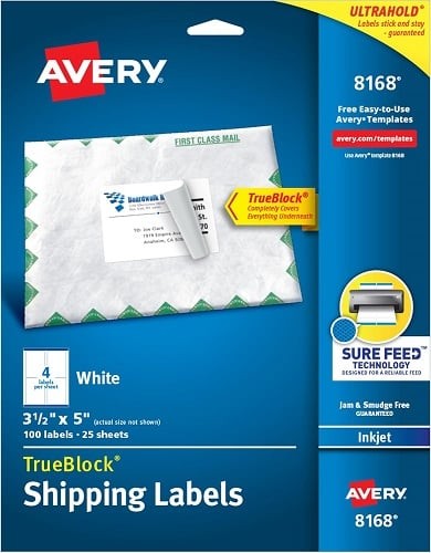 TrueBlock Shipping Labels Inkjet 3.5x5in labels White 4-up 25-sheets ...
