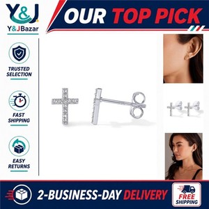 Authentic PAVOI 14K Gold Plated Sterling Silver Cross Stud Huggie Earrings CZ
