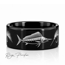 Marlin Fish Ring | Black Tungsten Fly Fishing Wedding Band - 8mm, 10mm