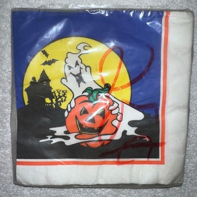 NOS Vintage Cleo Luncheon Napkins Halloween Ghost Pumpkin Scene 13 x 13 Pk/16