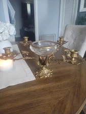 Vintage Large Brass Floral Candle Holder With Etched Glass Insert - Centerpiece