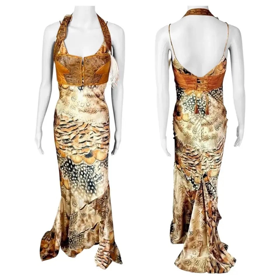 knee length dresses for ladies 2002 Roberto Cavalli Black Leather Appliqu Sheer Mesh Low-Cut Gown