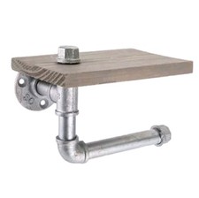 Wood Metal Pipe Toilet Paper Holder Shelf - Rustic Modern Industrial Farmhouse