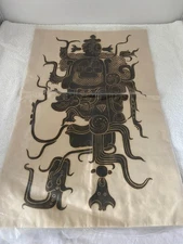 Large Vintage Mayan Temple Figure Glyph Art Ink Rubbing Fabric Cloth Guatemala