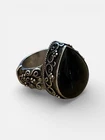 925BA Bali Ring Goth Black Onyx Teardrop Pear Scrolls Sterling Ornate Vtg Sz 6.5