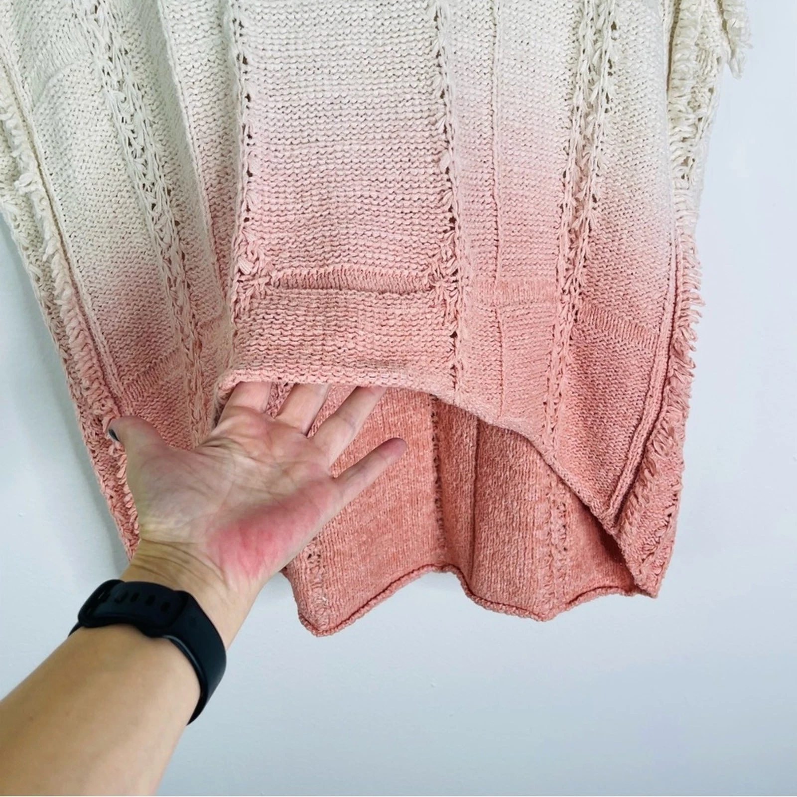 OFF WHITE Felpa con cappuccio falena rosa panna uncinetto boho costiera frange maglione oversize small XS