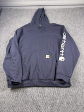 Carhartt Hoodie Mens XL Navy Blue Loose Fit Sleeve Logo Fleece Sweatshirt