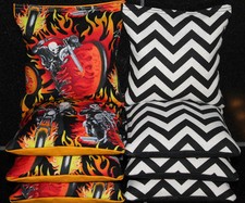 CORNHOLE BEAN BAGS HARLEY FLAMES MOTORCYCLE SKELETON BIKER Chevron HIS HERS