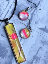 Jewelry Necklace And Earring Set Original Acrylic Pour Painting signed 4185 B