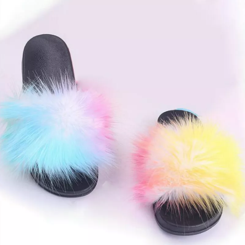 Women Lady Faux Fur Slipper Fluffy Furry Rainbow Flats Sandals Shoes Comfort