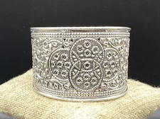 DESIGNER-Sterling Silver Repousse Textured Filigree Floral Wide Cuff Bracelet