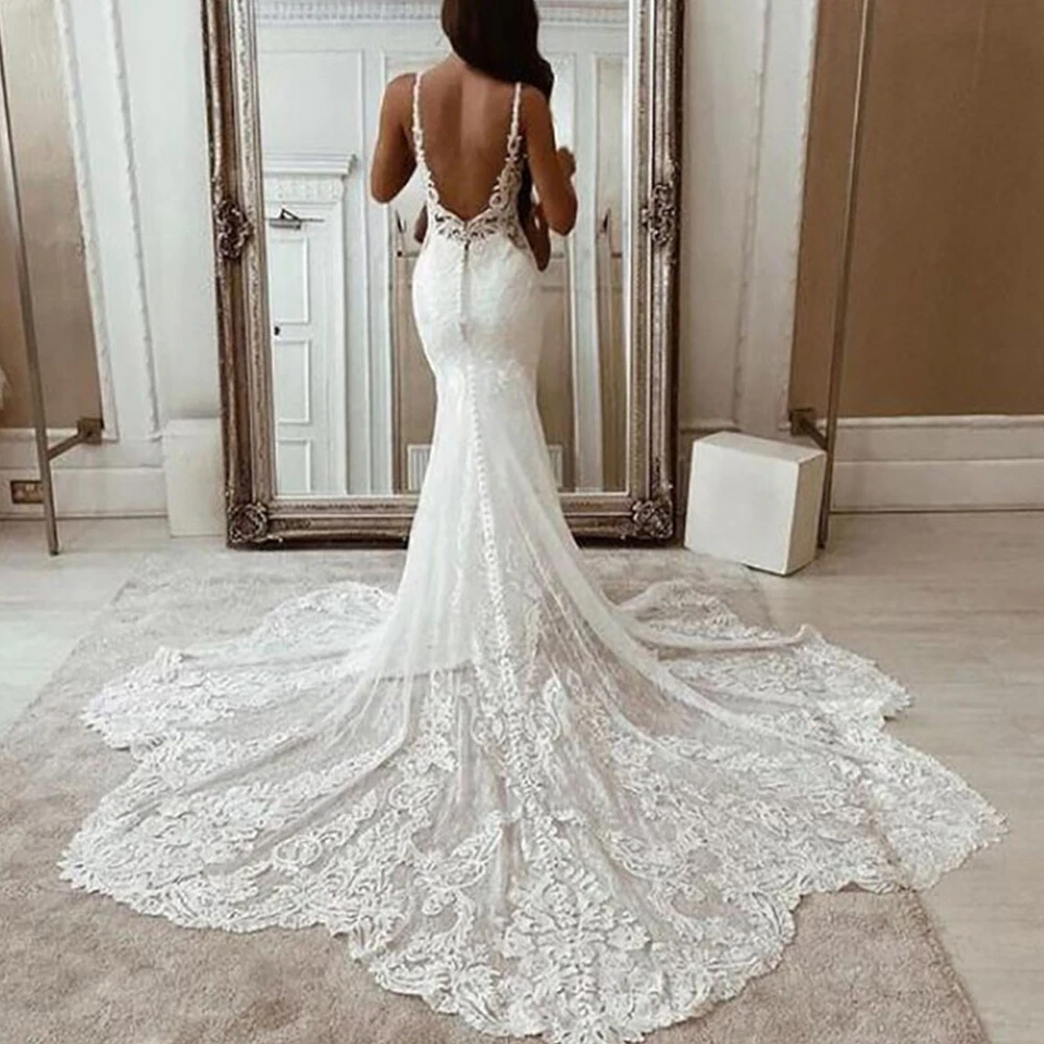 Sexy Vestidos de Novia Cuello en V Profundo Sirena Encaje Apliques Espalda descubierta Vestidos de Novia Foto 3 de 4