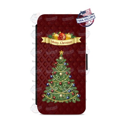 Merry Christmas Decorated Tree Wallet Flip Phone Case Cover For iPhone Samsung