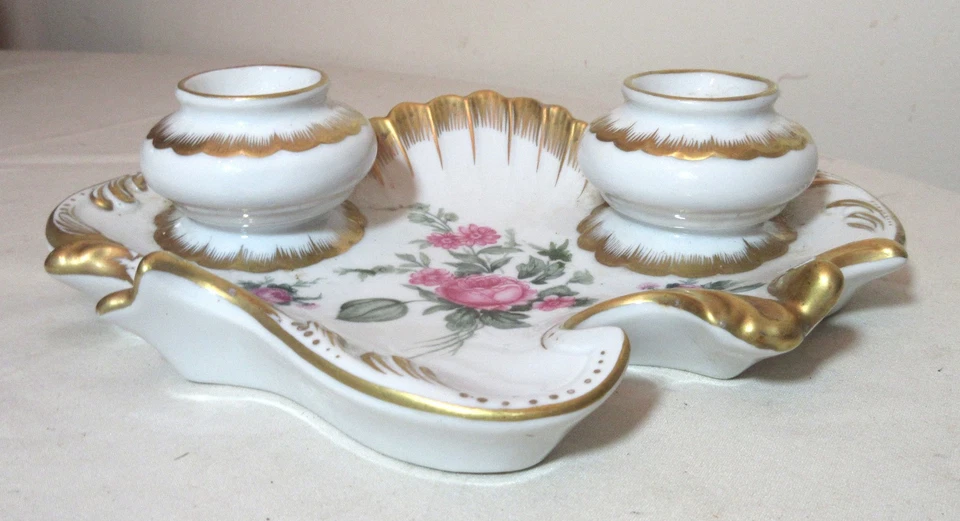Tintero de escritura de porcelana Unterweissbach vintage pintado a mano floral dorado ornamentado Foto 3 de 4