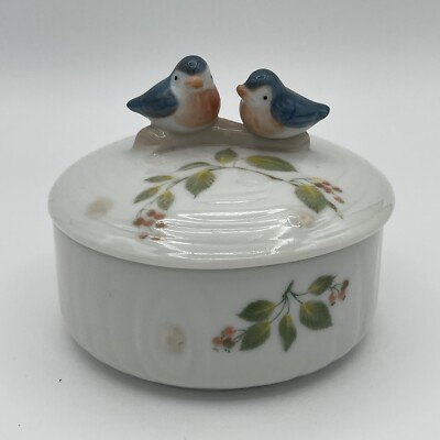 Vintage Takahashi Porcelain Round Lidded Trinket Box Blue Birds and Berries