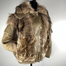 Rare Authentic Vintage Raccoon Fur Olive Leather Bomber Made in the USA - L/XL