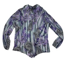 New Directions ND Gray Purple Paisley V-Neck Blouse L/S Satin Sz S Polyester