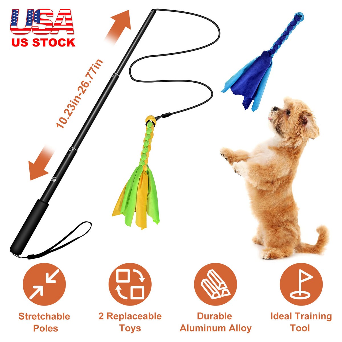Extendable Dog Flirt Pole Teaser Wand Tail Toys  with/Replaceable