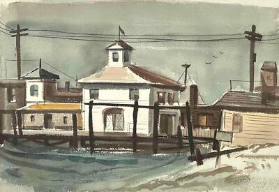 John Morton -California Watercolor -Beach Town Pier & Buildings -1950s