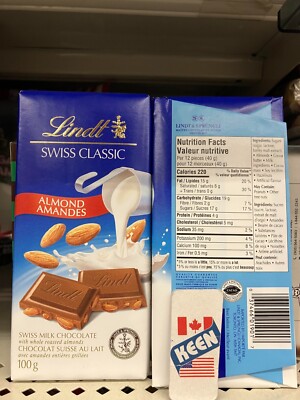 AiWaWa CA, Lindt SWISS CLASSIC Almond Milk Chocolate Bar, 100 G