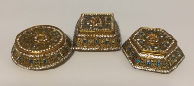 Set Of (3) Vanity/ Dresser Trinket Boxes Gold, Blue& White Jewels Read