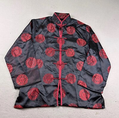 Shanghai China Jacket Womens Large Black Red Satin Toggle Up Lightweight