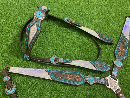Leder Western Kopfstück Set für Pferd verziert mit holografischem Snack Print - Bild 41 von 79