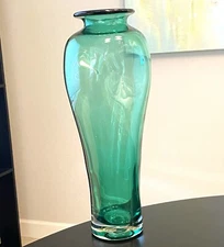 Blenko Antique Green Don Shepherd pinched vase #8310M with original tag 15 3/8”