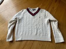 Mens POLO Ralph Lauren Ivory V-Neck Cable Knit Sweater Red Blue Trim Xl