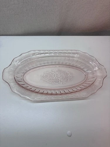 Pink Vintage Depression Glass Oval Platter Floral Design Serving Tray